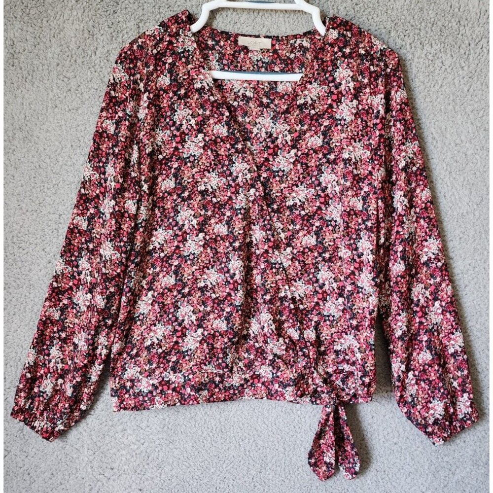 Loft Women's Long Sleeve V Neck Surplice Blouse Top Tie Waist Pink Floral Sz S